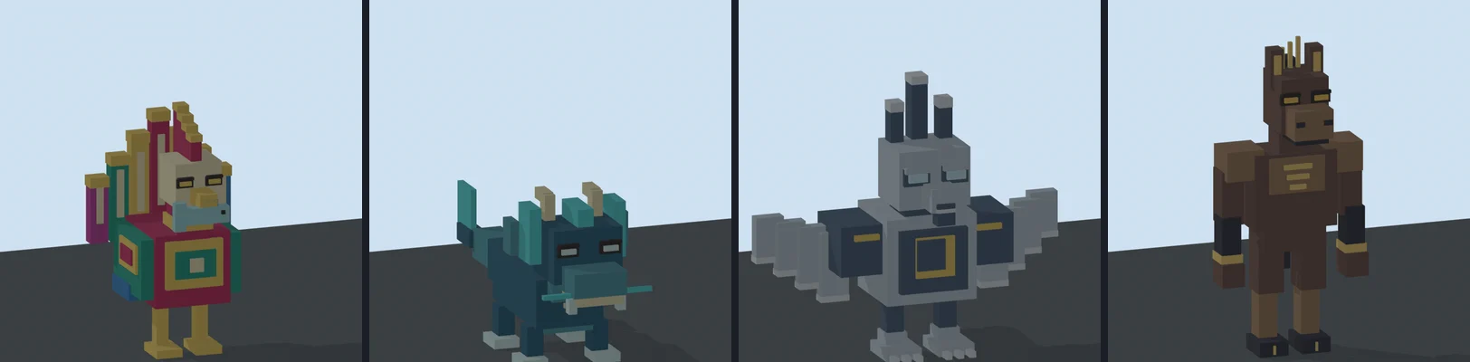 Four blocky creatures from Philippine folklore: Sarimanok, Bakunawa, Minokawa and Tikbalang.